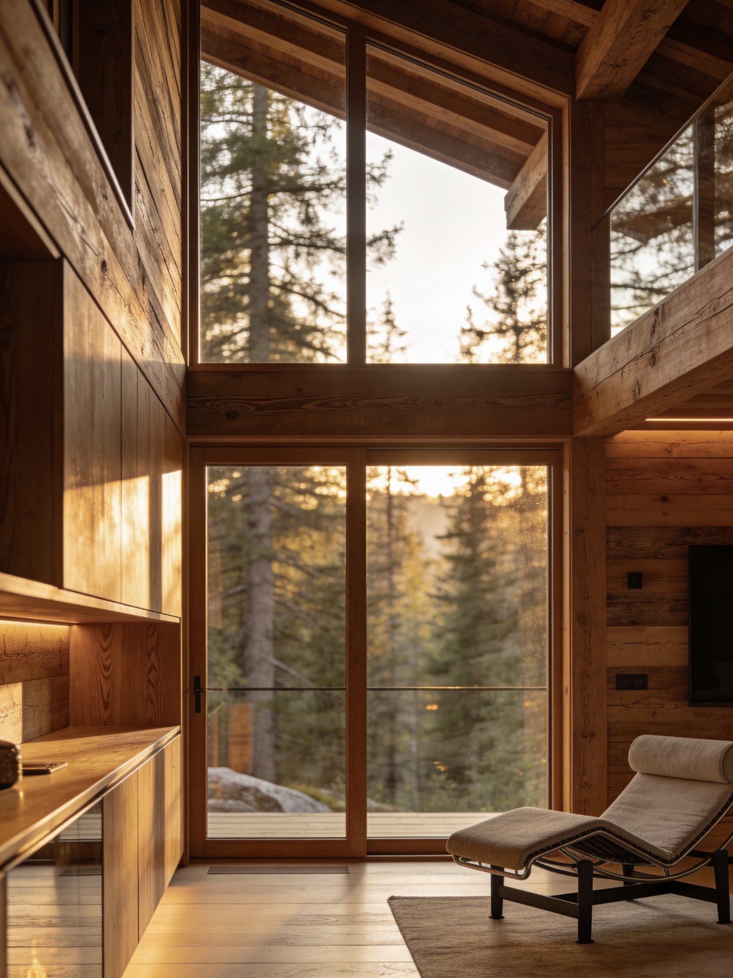 Luxuriöses Holzinterieur einer Natur-Lodge mit Waldblick